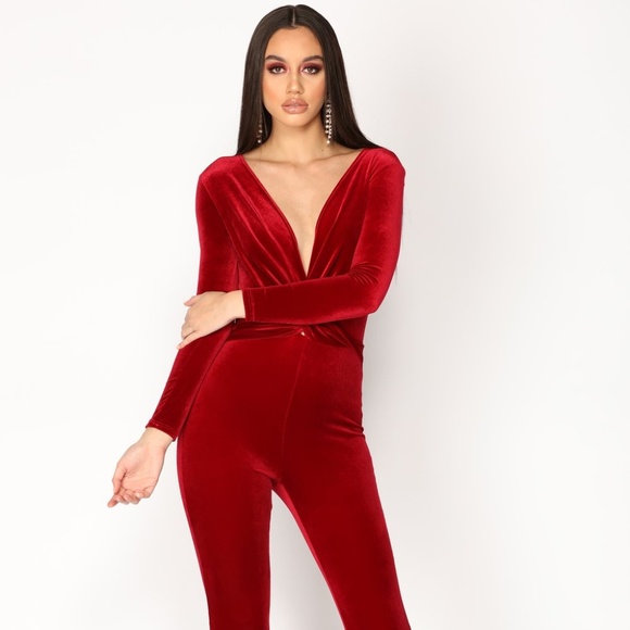 fashion nova red velvet jumpsuit